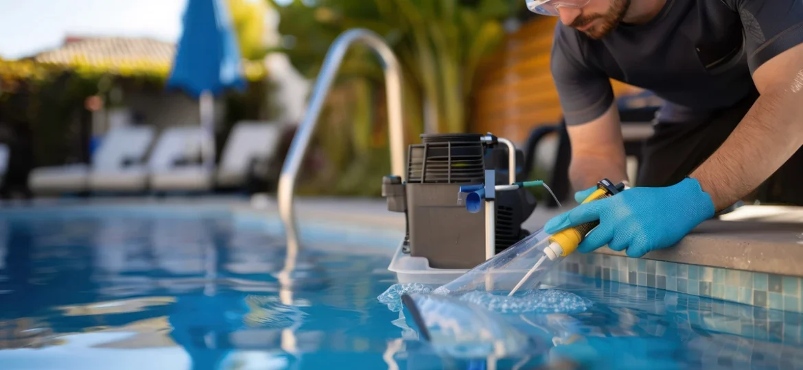 technician from Pool maintenance companies checking the water quality