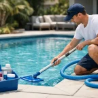 What Makes Professional Pool Service Technicians Different One of our expert Pool service technicians vacuuming a residential swimming pool using professional cleaning equipment and a blue suction hose.