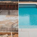 What to Know Before Starting a Swimming Pool Installation at Home A side-by-side comparison of a swimming pool installation, showing the initial steel rebar frame and excavation next to the finished luxury pool with turquoise water and modern tiling.