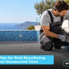 How Can You Plan for Pool Resurfacing in Dubai Without Unexpected Costs Pool technician repairing tiles during pool resurfacing in Dubai to restore the swimming pool surface.
