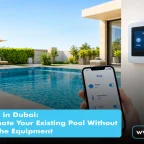 Pool Upgrades in Dubai: Can You Automate Your Existing Pool Without Replacing All the Equipment Pool upgrades in Dubai featuring a smart pool automation system controlled by a mobile phone and wall-mounted touchscreen.